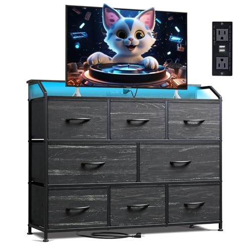 WLIVE Led Dresser for Bedroom, TV Stand for Bedroom with LED Lights and Power Outlet, Wide Chest of Drawers for Hallway, 8 Fabric Drawers for Living Room and Entryway, Charcoal Black Wood Grain Print - color: Charcoal Black Wood Grain Print, style: 8 Draw