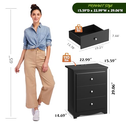 WLIVE Tall Nightstand with Charging Station, Wood Night Stand with 3 Drawers Storage, Bedside Table End Side Tables with 2 USB Ports and Outlets for Bedroom, Closet, Black - color: Black