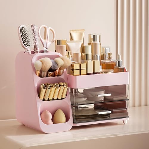 HBlife Makeup Organizer with Brush Holder for Vanity, Large Plastic Bathroom Countertop Organizer Skin Care Storage, Easy to Store Lipsticks, Nail Polishes, Perfumes, Eyeshadow Palettes, Pink - color: Pink, size: Large