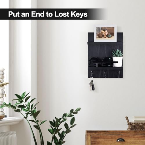 Key Holder Wall Mount, Mail Shelf Decor with 3 Key Hooks, Versatile Wood Wall Organizer for Entryway Hallway (8.2” x 10.6”x 3.6”) (Black) - color: Black