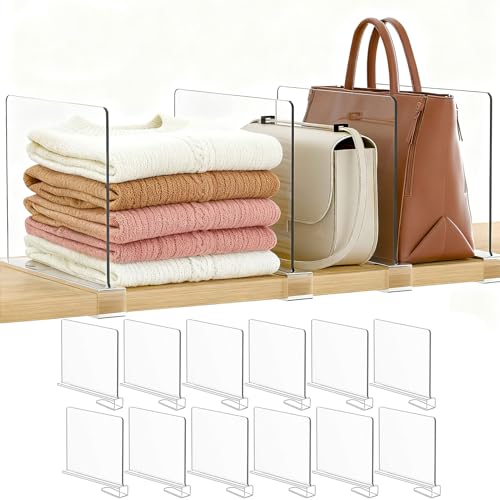 Purse Organizer for Closet Shelf Dividers: 12-Pack Adjustable Clear Acrylic Bag Storage Organizer for Handbags, Sweaters, Towels, Jeans and Shoes on Wood Shelves - color: Clear:12-pack, size: Standard: 8" Tall x 12" Deep
