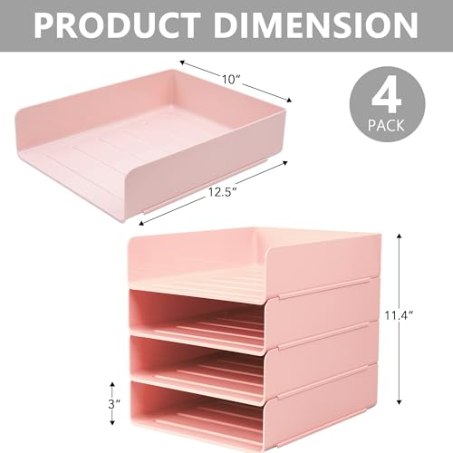 Tiawudi Desk Organizer, Office Organization and Storage, Plastic Letter Tray, Stackable File Organizer for Classroom, Home, Documents, Notes, Folders, Books and Pens, 4 Tier - color: Pink