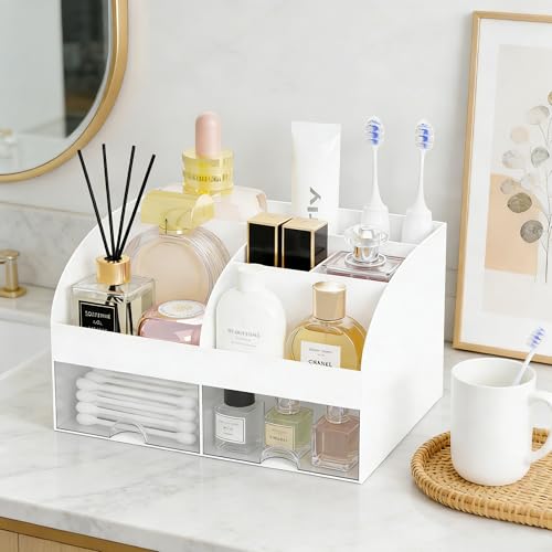 Makeup Organizer with 2 Drawers, Cosmetic Storage for Dresser Vanity and Bathroom Countertop,Make up organization and Skincare Storage with Beauty Brush Holder, Cosmetic Display Case (White) - color: White