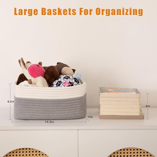 OIAHOMY 4 Pack Storage Baskets for Organizing, Small Bins for Shelves, Cute Decorative Storage Bins, Organizer Baskets for Gifts Empty, 14.2''Lx11''Wx6.3'H, Grey/White - color: Grey/White, size: 14.2"*11"*6.3"