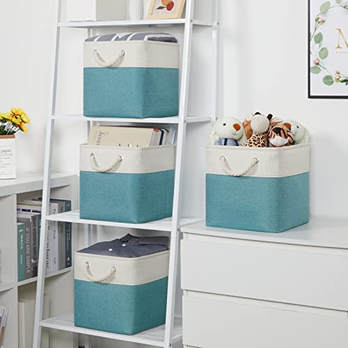 Temary Cubes Storage Baskets 11 Inch Cube Storage Bins 4 Pack Fabric Baskets for Gift Empty Teal Storage Bins for Shelves, Collapsible Fabric Storage Cubes Basket for Storage (White&Teal) - color: white&teal, size: 11"L x 11"W x 11"H