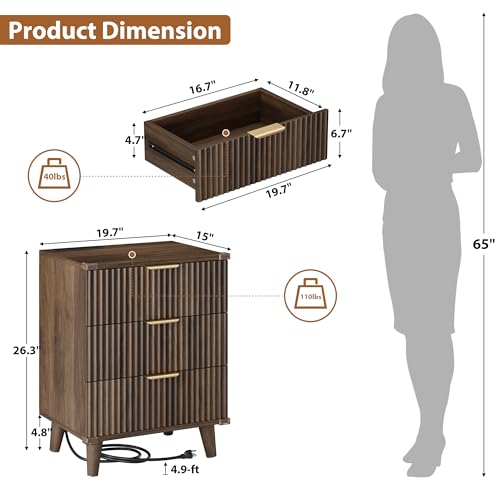 Lulive Wood Nightstand Set of 2 with Charging Station, 3 Drawers Fluted Design, Modern End Table for Bedroom Walnut - color: Walnut, size: 3 Drawers-Set of 2 Nightstand