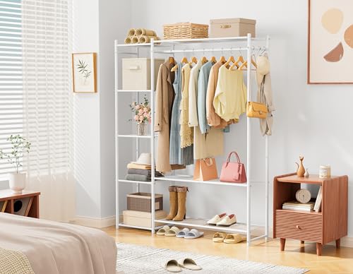 Wardrobe Closet,Portable Clothes Rack with 4 Tiers Shelves,Freestanding Closet Organizers and Storage System with Hanging Rods,Steel Clothing Rack Suitable for Cloakrooms,Bedrooms,Entrances,etc.White - color: White