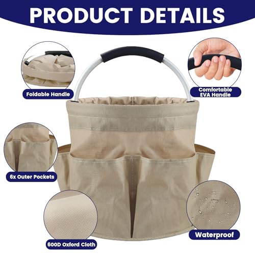 Cleaning Caddy with Handle and 6 Pockets, 17L Cleaning Supplies Organizer, 600D Oxford Fabric Storage Basket, Multifunctional Bucket Bag for Picnics, Camping, Gardening, Bathing (Khaki) - color: Khaki