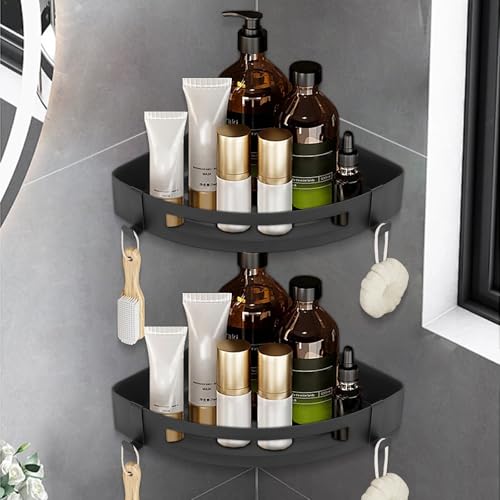 NearMoon Bathroom Corner Shelf Shower Caddy 2 Pack, No Drill 304 Stainless Steel Shower Organizer with 2 Hooks (Matte Black) - color: Matte Black