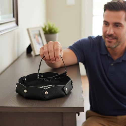 Faux Leather Valet Tray for Men, Catch-All Tray Empty Dad's Pocket for Nightstand Entryway Table, Dump Holder Everyday Carry Organizer for Wallet Keys Watch, Black - color: Black