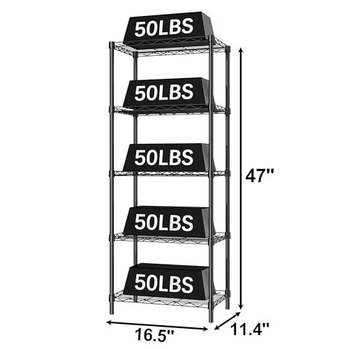 HOMEFORT Storage Shelves, 5-Wire Shelving, Metal Shelving Unit,Small Wire Shlving Rack for Kitchen, Pantry, Bathroom, Black, 16.5" W x 11.4" D x 47" H - color: Black, size: 17"W x 11"D x 47"H