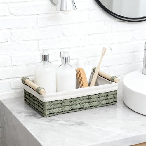 Set of 2 Green Bathroom Basket Organizers with Liner, Paper Rope Wicker Storage Baskets for Shelves, Bathroom Counter & Vanity, Wooden Handles for Towels & Toiletries - color: Green