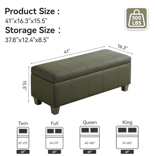 WUTUTUEE 41" Faux Leather Storage Ottoman, Stitch Tufted Rectangle Upholstered End of Bed Storage Bench, Entryway Large Couch Ottoman with Wooden Legs,Green - color: Green, size: 41 Inch
