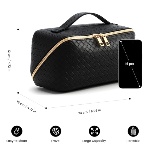 Women's Travel PU Leather Cosmetic Organizer - Large Capacity Toiletry Storage Solution - color: black