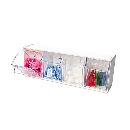 Deflecto Interlocking Tilt Bin, 4 Bin Unit, Clear and White, 23-5/8” x 8-1/8” x 6-5/8” (20403OP) - style: 4 Bins