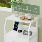 Furnulem Night Stand with Charging Station, Dresser with PVC & Fabric Drawers, 33.3 Inch Side Table with Open Shelf, Tall Bedside Table for Closet, Entryway, Bedroom Furniture, 3 Ways to Use, White - color: White, size: 4 Drawer