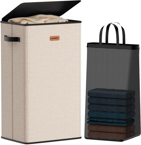 100L Laundry Hamper with Lid, Large Clothes Hampers with Removable Bag, Collapsible Laundry Basket for Bathroom, Bedroom, Laundry Room, Dorm, Beige - color: Beige, size: 100L - 1 Section