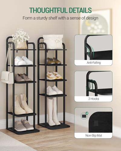 Hzuaneri Vertical Shoe Rack, Shoe Shelves, Wood Shoe Organizer for Closet, Entryway, Shoe Tower for Small Spaces, Free Standing, Adjustable, with 2 Hooks, 6 Tier Black SR04204B - color: Black, size: 6 Tier(11.8"D x 10.4"W x 39.8"H)