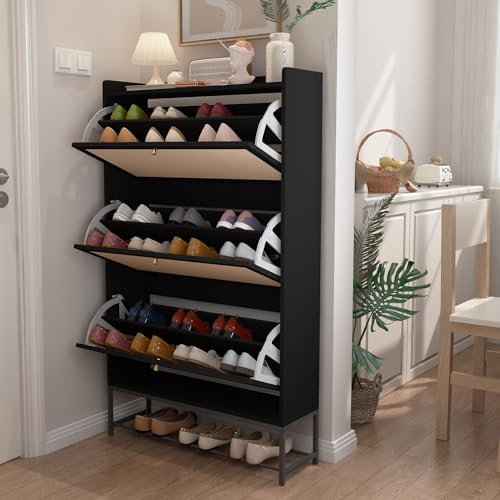 AVZEAR Shoe Cabinet, Shoe Cabinet Freestanding Tipping Bucket Shoe Rack Organizer with 3 Flip Drawers, Modern Entryway Narrow Shoe Rack for Entryway, Hallway, Bedroom (Black) - color: Black, size: 3 Drawers
