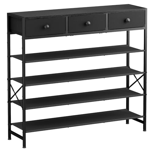 Shoe Rack, 5 Tier Shoe Organizer with 3 Drawers, Metal Shoe Storage for 24-30 Pairs of Shoes with Fabric Shelves and Wooden Top, Narrow Shoe Shelf for Closet Entryway Black - color: Black, size: 5 Tier(41.3 × 10.8 × 37.8)