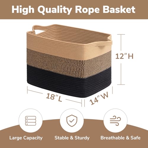 Goodpick Large Woven Basket 18" x 14" x 12" Cotton Rope Storage Baskets for Organizing, Rectangle Wicker Laundry Basket with Handles, Toy Baskets for Kids, Black & Jute - color: Gradient Black, size: 18"L x 14"W x 12"H