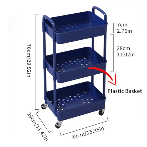 Sywhitta 3-Tier Plastic Rolling Utility Cart with Handle, Multi-Functional Storage Trolley for Office, Living Room, Kitchen, Movable Storage Organizer with Wheels, Blue - color: Blue, size: 3-tier