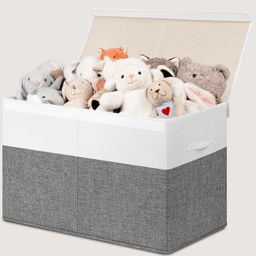 INDRESSME 25"x13"x16" Large Toy Storage Box with Lid, Toy Chest Organizer Toy Basket with Dividers for Playroom, Bedroom, Closet, Toy Bin for Kids Baby Boys Girls (Grey & White) - color: Grey & White, size: 25"x13"x16"