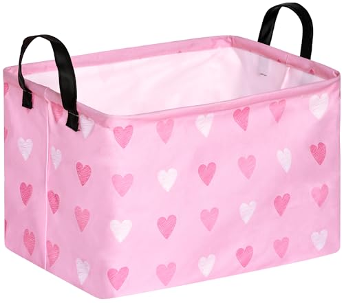 Valentine's Day Gift Basket Pink Heart Print Box Hamper Storage Basket Collapsible Organizer Bin Gift Shelf Baskets for Home and Kitchen Storage - color: pink three-heart