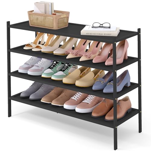 Smiry Bamboo Long Shoe Rack, 4 Tier Shoe Organizer for Entryway & Closet, Stackable Free Standing Storage Shelf for Shoes, Bags & Plants, Black - color: Black, size: 4 Tier - Long