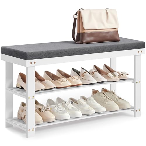 SONGMICS Bamboo Shoe Bench, 3-Tier Shoe Rack Organizer for Entryway, Living Room, Bench Seat Holds Up to 300 lb, 11.9 x 35.4 x 19.2 Inches, Cloud White and Slate Gray ULBS904W01 - color: Cloud White + Slate Gray, size: 35.4"W