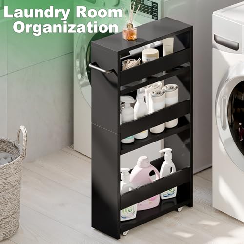 MARTY Slim Rolling Storage Cart 4-Tier Kitchen Cart with Wheels, Laundry Room Storage with Handle Slide Out Utility Cart Shelving Unit Organizer Trolley for Narrow Places Bathroom Small Corner, Black - color: All Black, size: 5.51"D x 15.75"W x 31.5"H