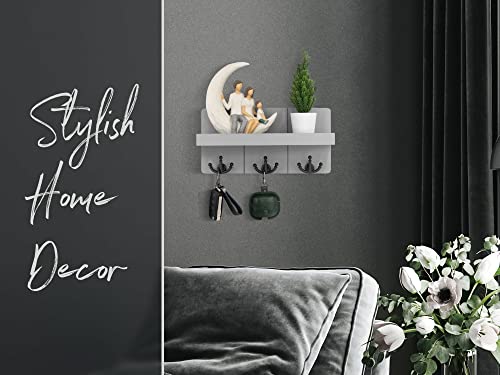 Rebee Vision Decorative Key Holder for Wall: Stylish Farmhouse Mail Organizer Wall Mount with Floating Shelf and 3 Anchor Key Hooks - Rustic Home Decor for Entryway (Light Gray) - color: Gray