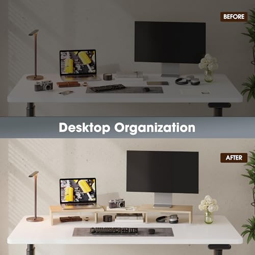 FITUEYES Dual Monitor Stand – 3 Shelf Computer Monitor Riser, Wood Desktop Stand with Adjustable Length and Angle, Desk Accessories, Office Supplies Medium Oak, DT108006WO - color: Oak