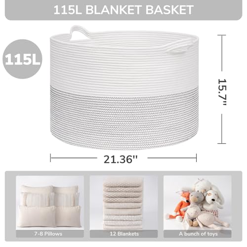 INDRESSME 115L Extra Large Blanket Basket, Cotton Rope Toy Baskets Storage Kids Toy Bin for Playroom Decor Woven Baby Laundry Basket for Organizing, Black Stitch - color: White, size: 23.6"D x 15.7"H
