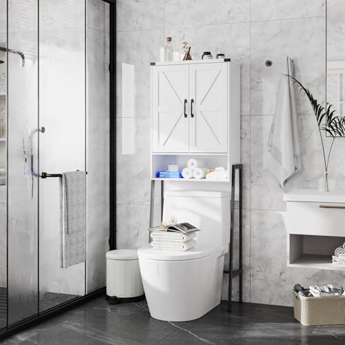 Over The Toilet Storage Cabinet with 2-Door Design Bathroom Organizers and Storage with Anti-Tip Device Over Toilet Organizer with Shelves for Bathroom,Restroom,Laundry White - color: White