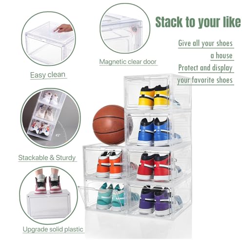 ZLLZUU Shoe Organizer Shoe Storage Boxes, 6 Pack Large Drop Front Shoe Boxes with Magnetic Door, Clear Plastic Stackable Shoe Containers (Clear White) - color: Clear, size: Large-6Pack