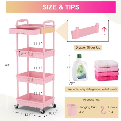 Goovilla 4 Tier Rolling Utility Cart Organizer with Removable Drawer, Stable and Sturdy Pink Rolling Storage Carts with 2 Lockable Wheels for Bathroom, Kitchen, Snack, Craft, Makeup, Baby Essentials - size: 4 Tier, style: Pink