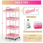 Goovilla 4 Tier Rolling Utility Cart Organizer with Removable Drawer, Stable and Sturdy Pink Rolling Storage Carts with 2 Lockable Wheels for Bathroom, Kitchen, Snack, Craft, Makeup, Baby Essentials - size: 4 Tier, style: Pink