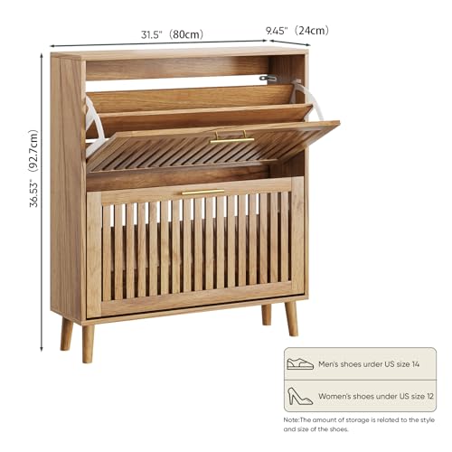Smart FENDEE Shoe Storage Cabinet with 2 Flip Slatted Drawers, Narrow Freestanding Shoe Cabinet with Gold Handle, Hidden Entryway Shoe Organizer for Hallway, Foyer, Natural Oak - color: Natural Oak, size: 31.5" W