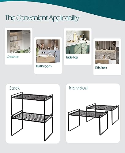Shantton 2Pack Kitchen Cabinet Shelf Counter Organizer Rack Pantry Storage Bathroom Bedroom Office Table Desk Space Saving Stackable Rust Resistant Non Slip Black Tall Wide L16.1in W10.6in H9.5in - color: Black, size: L16.1'' W10.6'' H9.5''