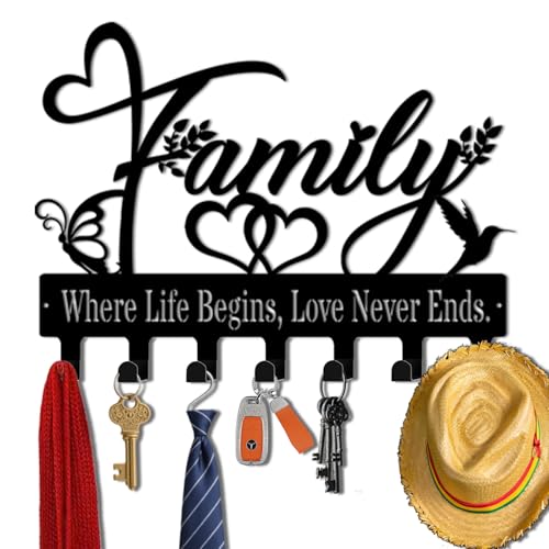 Key Holder Wall Mount, Family Where Life Begins, Love Never Ends Sign, Key Holder Wall for Wall Decorative with 6 Hooks, Organizer Rack Hanger for Entryway, Front Door, Hallway, Office 9.8 inches - color: Family Where Life Begins