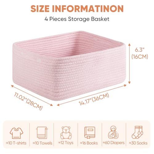 OIAHOMY 4 Pack 14.17 * 11.02 * 6.3IN Storage Baskets for Organizing Shelves, Woven Rope Baskets for Organizing Books, Clothes, Decorative Basket for Living Room, Nursery, Bedroom, Gift Basket, Pink - color: Pink