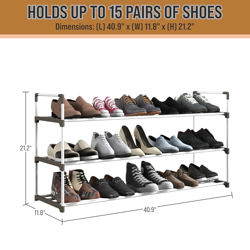 Home-Complete Shoe Rack – 3-Tier Shoe Organizer for Closet, Bathroom, Entryway – Shelf Holds 15 Pairs of Sneakers, Heels, and Boots (White) - color: White, size: 3-Tier