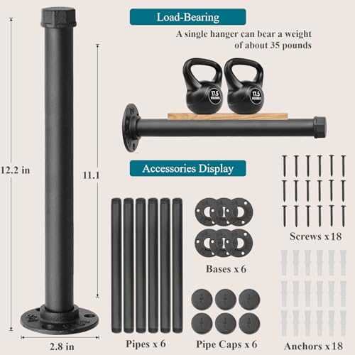Cast Iron Wall Mounted Clothes Rack, Heavy Duty Industrial Pipe Clothing Rack for Hanging Clothes, Garment Racks for Wardrobe Organizers and Storage, DIY Closet Rods Closet Bar (Black 6 Pack, 12 in) - color: Black 6 Pack, size: 12 in