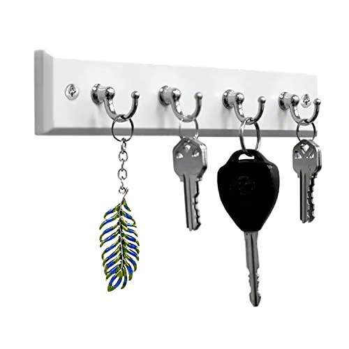 Wall Mounted Key Rack Rail Hanger Key Holder Wall Mount with 4 Hooks Hanging Storage Keys Organizer Home Decor (White)
