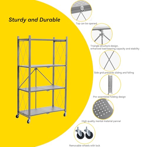 BRIAN & DANY 4-Tier Foldable Storage Shelves with Wheels, Folding Metal Rack Shelving Unit, Heavy Duty No Assembly Organizer Shelf for Garage, Kitchen, Basement, Pantry, Gray - color: Grey, size: 4-tier