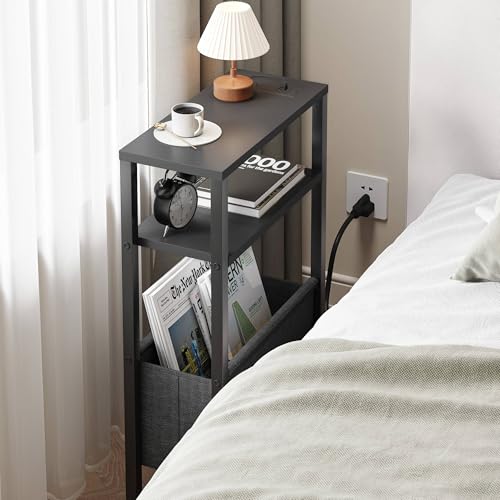 Narrow Side Table with Charging Station, Slim End Table with Magazine Rack, Bedside Table for Small Spaces, 3 Tier Sofa Couch Table Nightstand for Living Room, Bedroom, Black LET503BE - color: Black