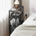 Narrow Side Table with Charging Station, Slim End Table with Magazine Rack, Bedside Table for Small Spaces, 3 Tier Sofa Couch Table Nightstand for Living Room, Bedroom, Black LET503BE - color: Black