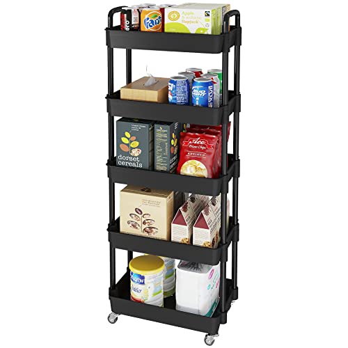 Laiensia Multifunction Utility Rolling Cart, 5-Tier Plastic & Metal Storage Organizer, Black, Lockable Wheels, Modern Style, Indoor Use - color: Black, size: 5-Tier
