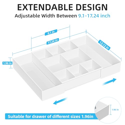 Marbrasse Expandable Desk Drawer Organizer, Clear Plastic Drawer Organizer Tray with 10 Adjustable Compartments, Desk Organizers and Accessories, 5 Drawer Dividers for Office Supplies, Makeup(White) - color: White